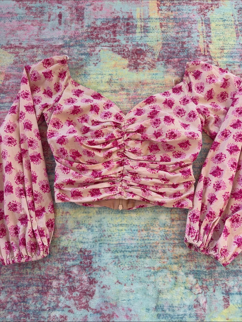 Zara Pink Floral Ruched Long-Sleeve Crop Blouse
